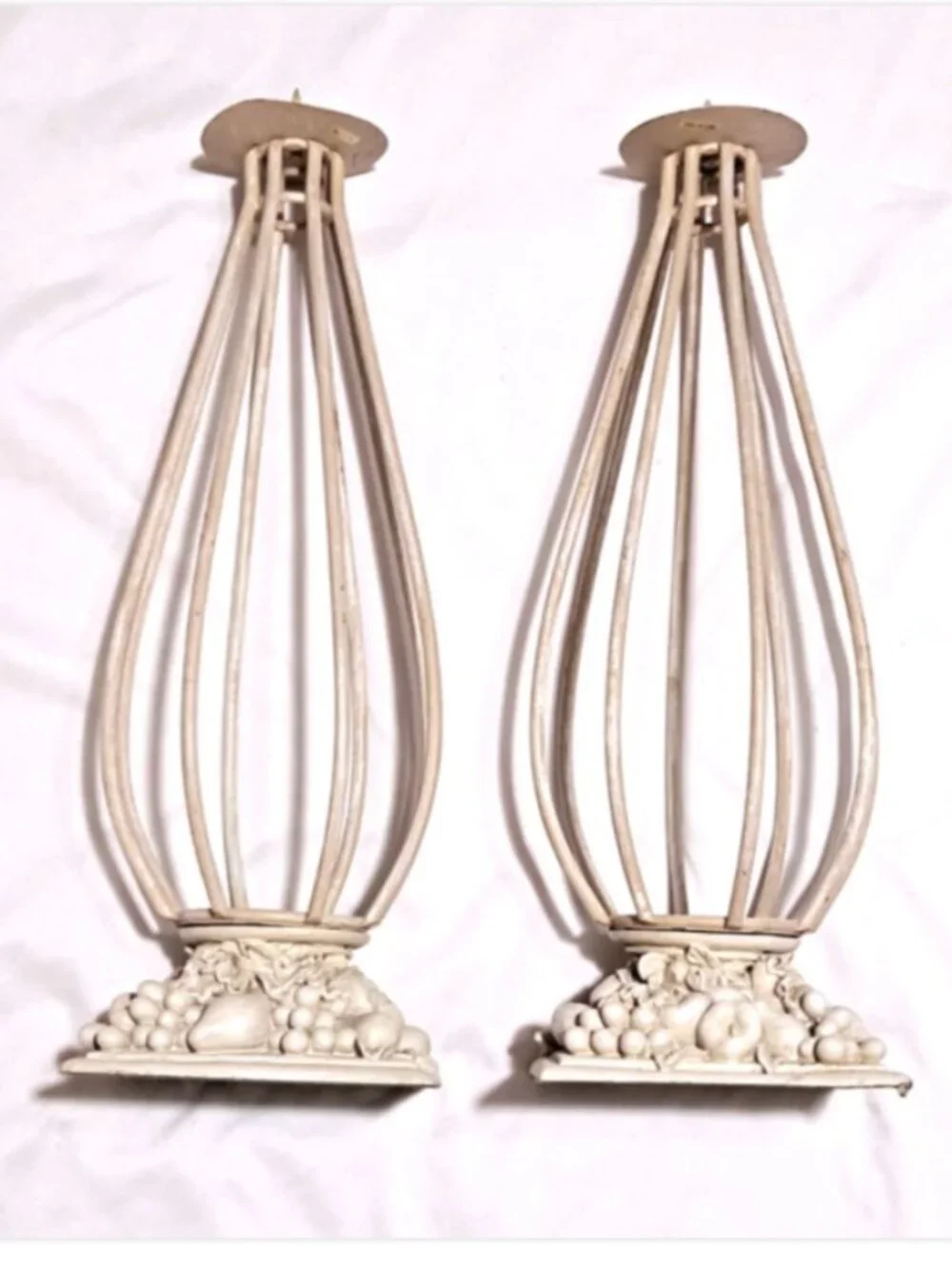 Pair Vintage Metal Wire Candle Holders 13.5” Tall White Fruit Base Decor